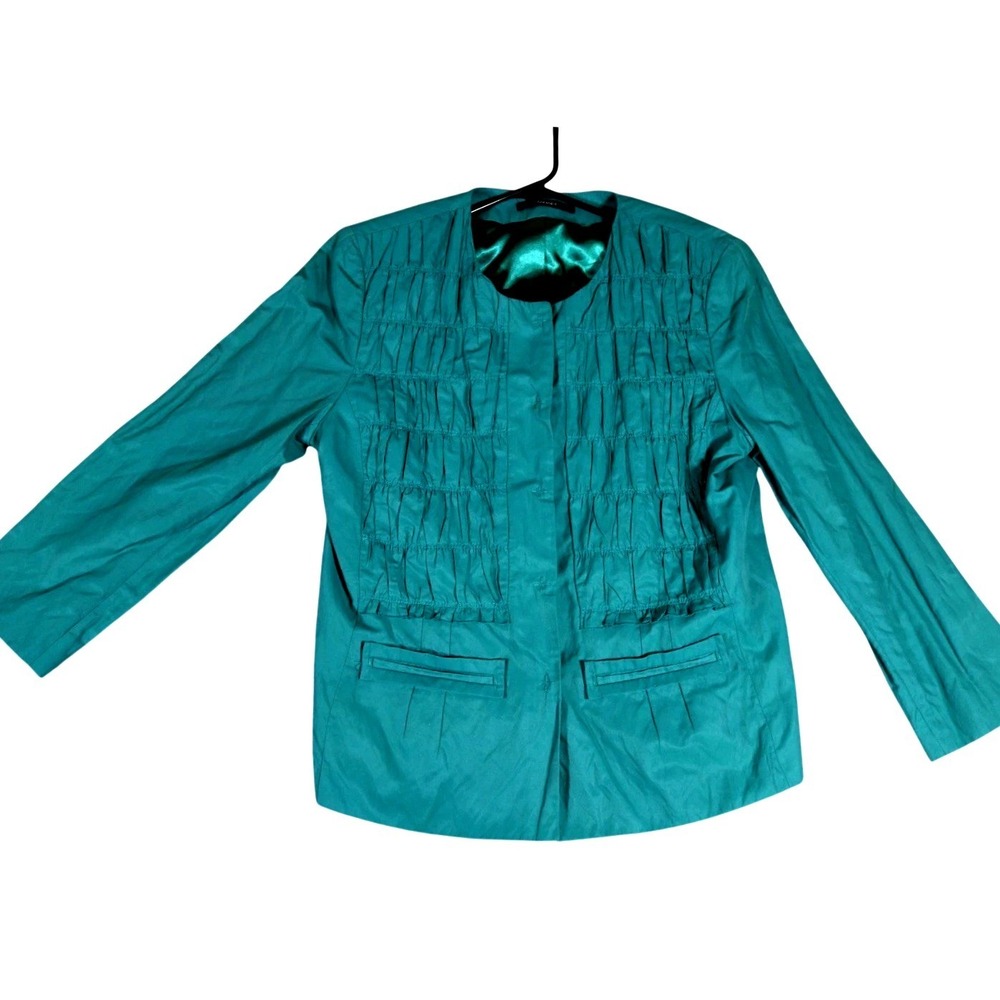 Tahari Womens Long Sleeve Blazer‎ Hidden Snaps Smocked 12 Office Boho Cotton